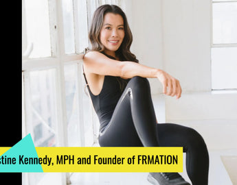 Justine Kennedy, founder of FRMATION, sitting next to her JumpSport trampoline for a blog on rebounding for mental health.