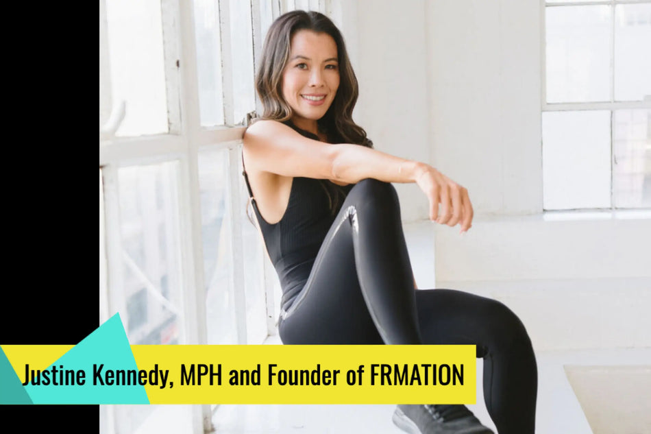 Justine Kennedy, founder of FRMATION, sitting next to her JumpSport trampoline for a blog on rebounding for mental health.