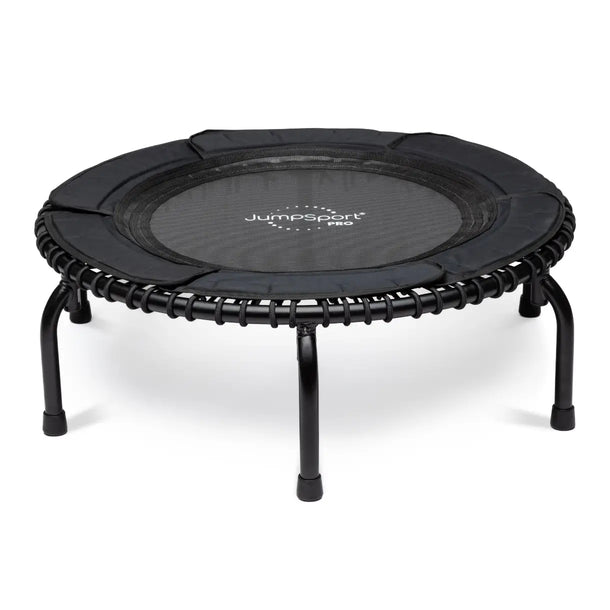 JumpSport 39 inch PRO trampoline model 370 PRO in black with padded petal skirt laying flat