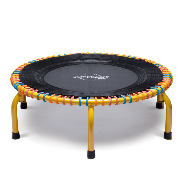 JumpSport 39 inch PRO trampoline model  Mango Splash with yellow frame and orange, pink, and blue cords laying flat